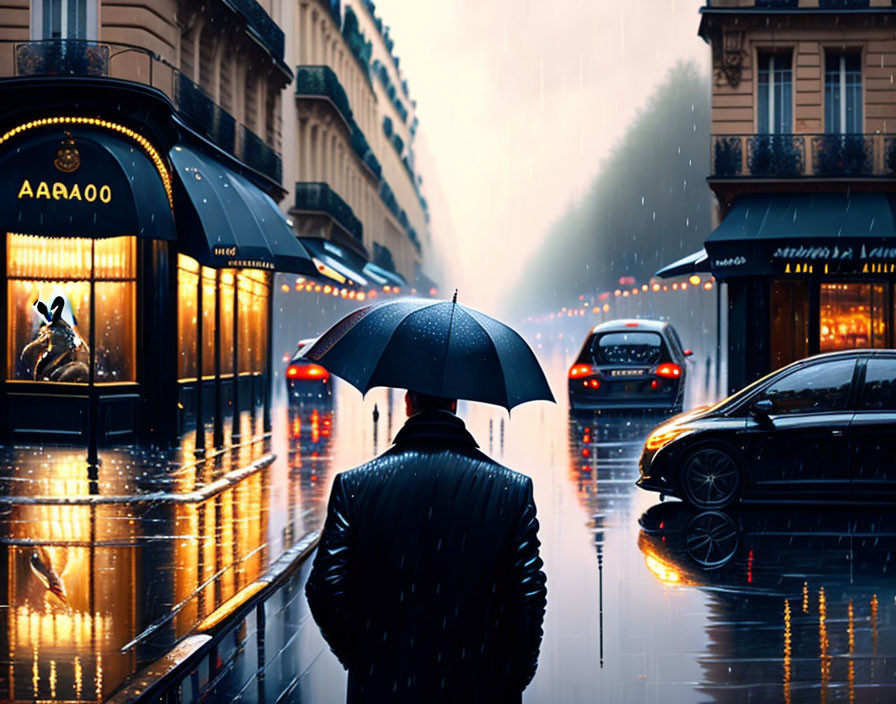 Person with umbrella on rain-soaked street at dusk with glowing shop windows