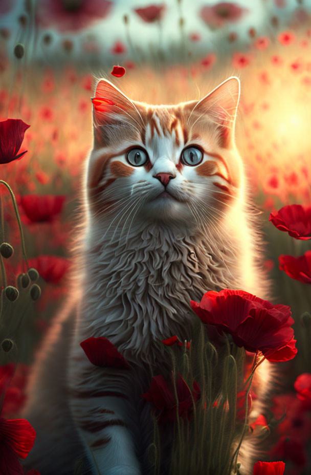 Fluffy cat with blue eyes among red poppies in sunlight