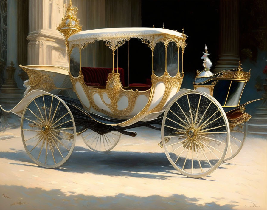 Luxurious white and gold horse-drawn carriage outside grand columned building