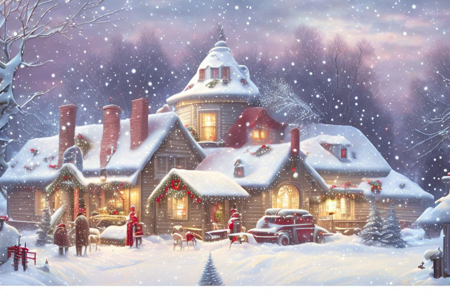 Winter Village Scene with Decorated Houses, People, Dogs, Vintage Car, Snowfall, Festive