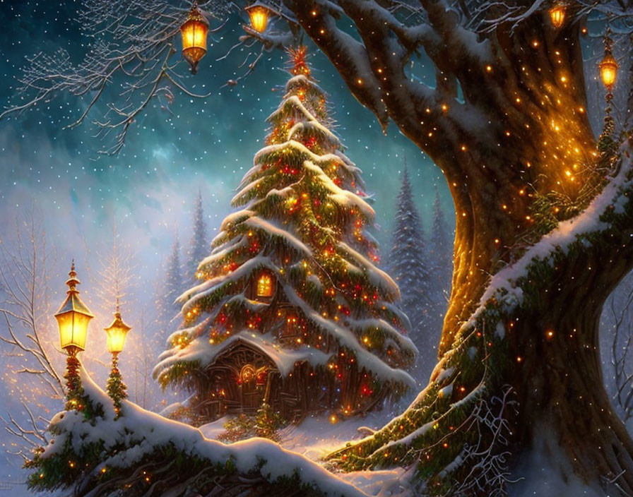 Winter scene: illuminated Christmas tree, snow-covered tree, cozy cottage, festive lights, starry night