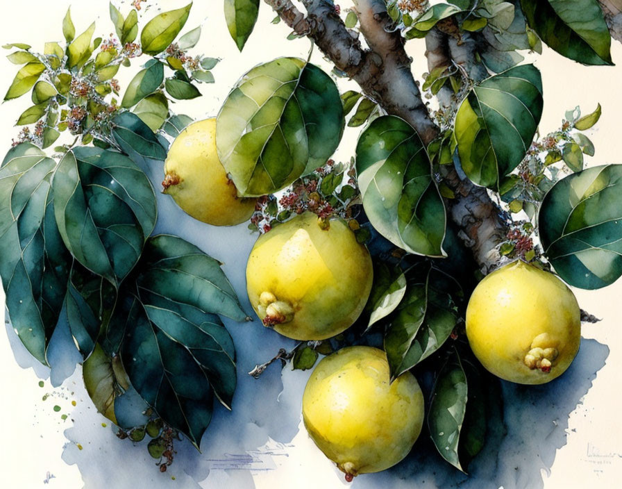 Vibrant watercolor painting of ripe yellow lemons on a branch