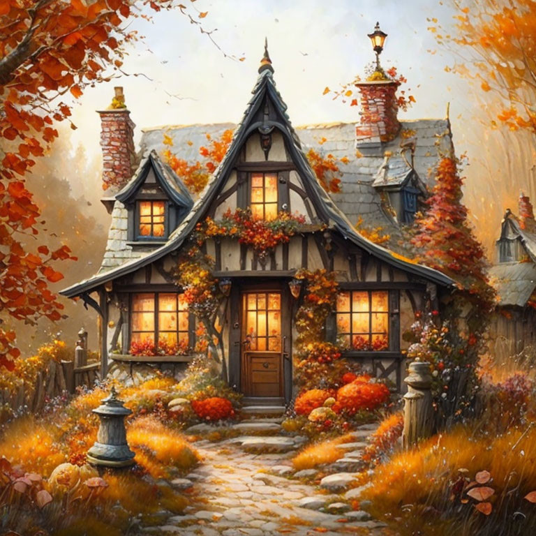 Cozy autumn cottage with gabled roof and seasonal decor surrounded by orange trees