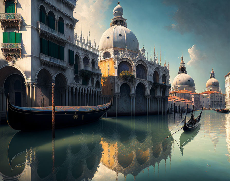 Venetian canal with gondolas, elegant architecture, and cloudy sky