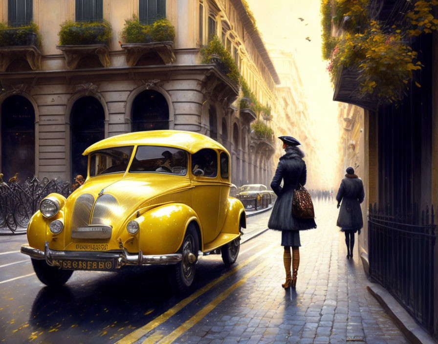 Vintage Yellow Car Parked on Charming Street with Autumn Atmosphere