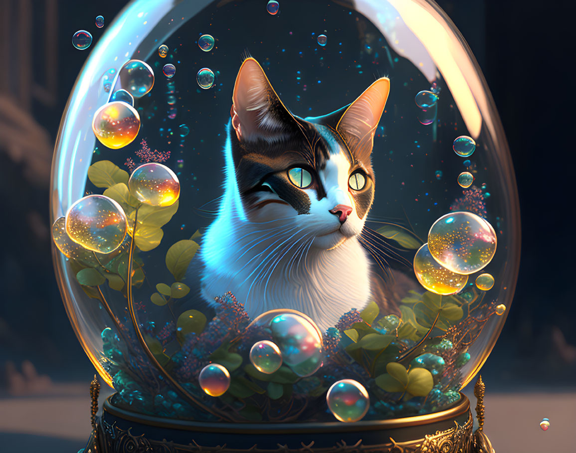 Cat in glowing orb with bubbles and foliage on ornate stand at twilight