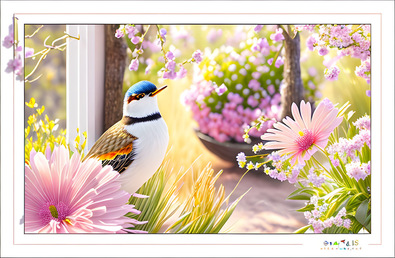 Colorful bird perched on branch among pink flowers and gerberas in soft, warm lighting