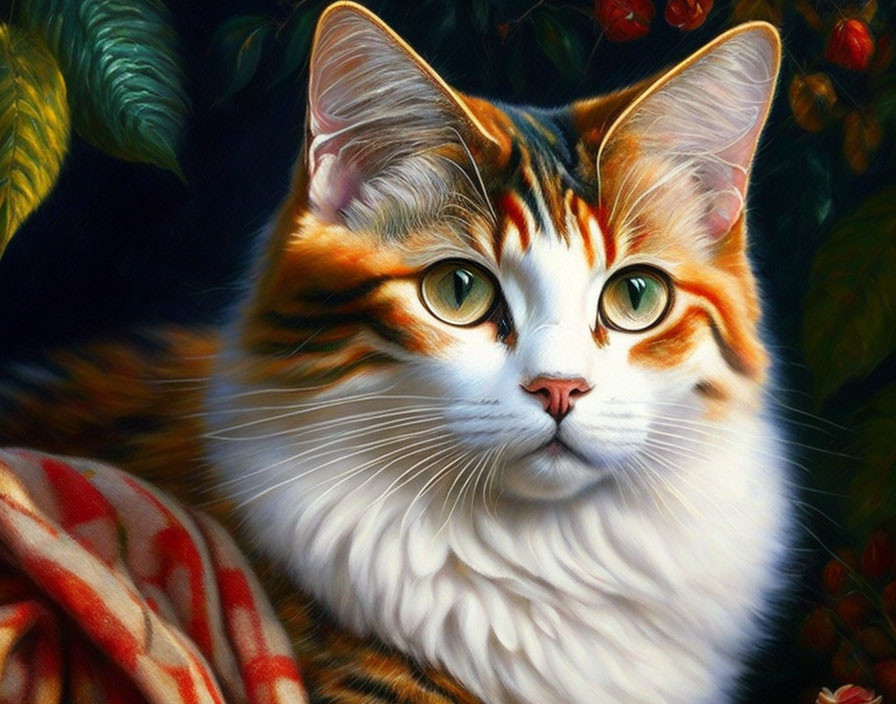 Orange and White Cat with Green Eyes on Red and White Cloth in Leafy Background