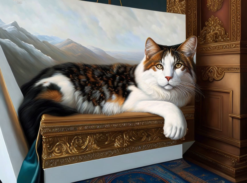 Realistic painting of lounging calico cat on golden-trimmed ledge with snowy mountain landscape.