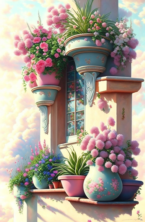 Lush Flowers and Plants in Ornamental Pots on Whimsical Balcony