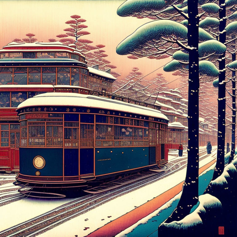 Vintage tram in snowy, picturesque scene with traditional buildings and pine trees