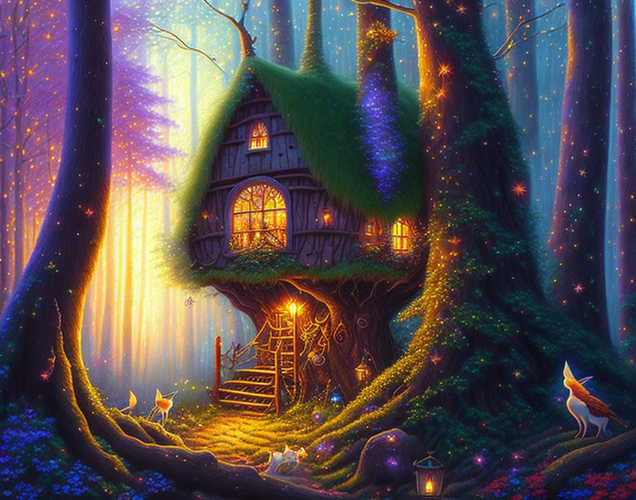 Enchanted forest scene with whimsical treehouse, glowing trees, vibrant flowers, and magical creatures