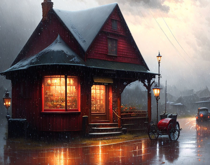 Snowy Twilight Scene: Cozy Red House with Glowing Windows and Streetlamp