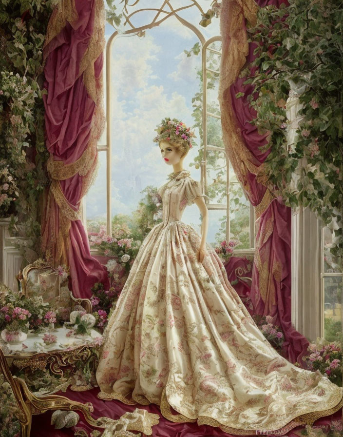 Woman in floral ball gown by open window with lush greenery and crimson curtains