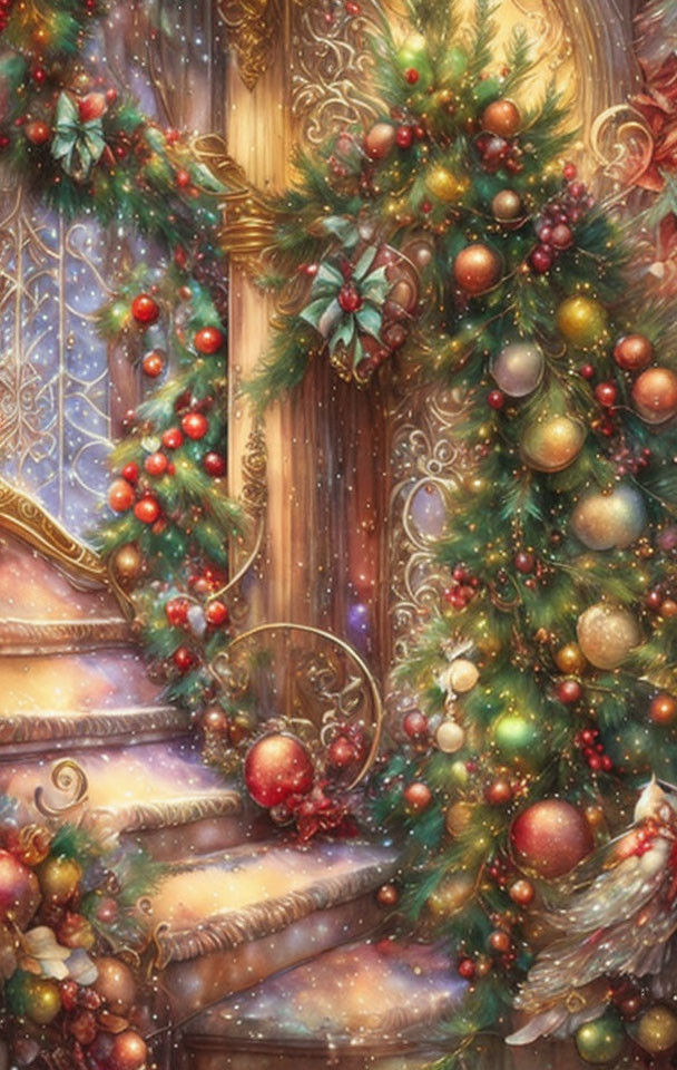 Festive Christmas decorations on ornate staircase with stained glass window