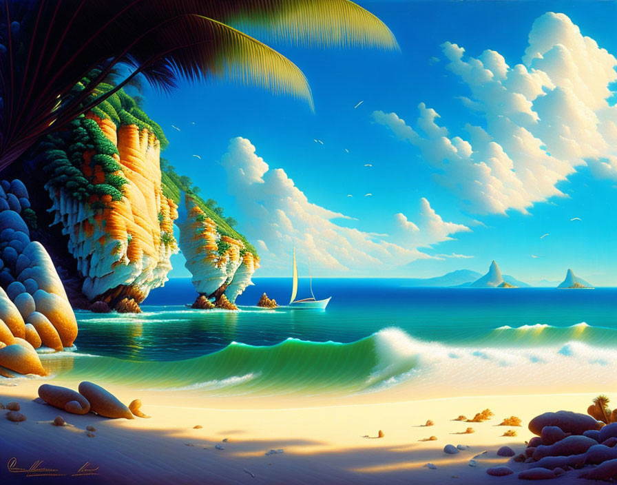 Tropical beach scene with cliffs, palm trees, sailboat, calm waters, stones, and fluffy