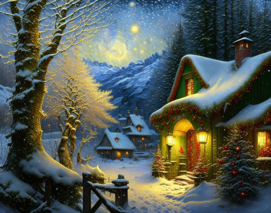 Snow-covered winter village scene with glowing lights and full moon.