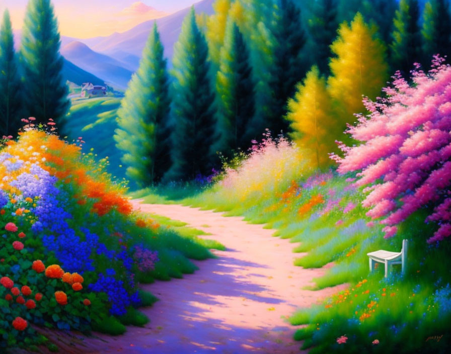 Colorful Flower Path Painting with Evergreen Trees & Distant Hills