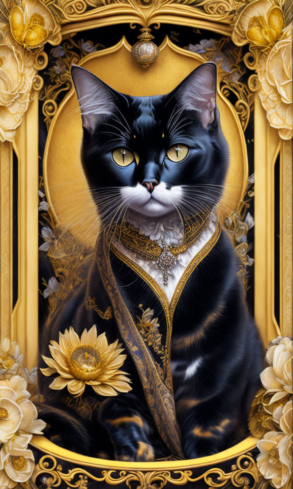 Ornate portrait of black and white cat with golden accessories