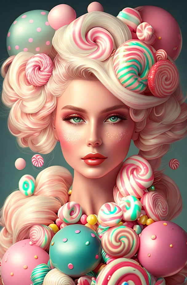 Colorful portrait of woman with candy-themed hair and accessories