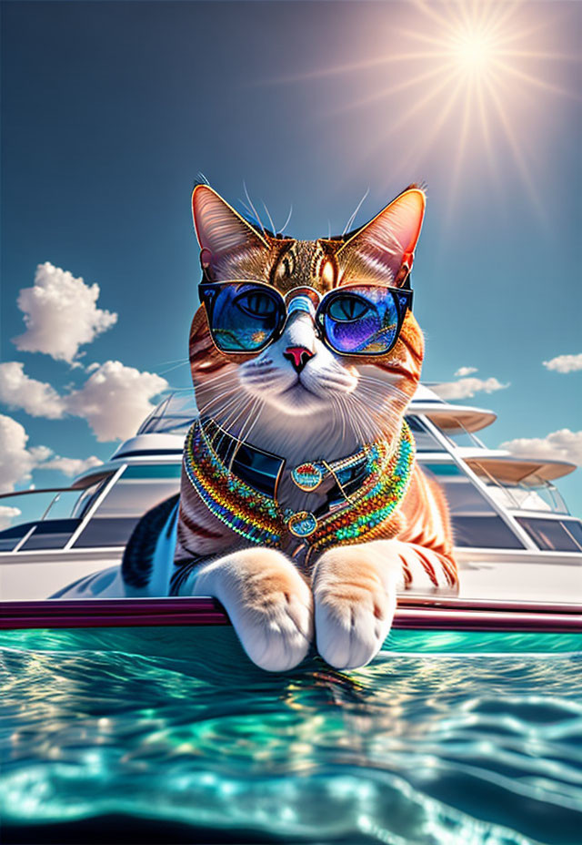 Cat with sunglasses and necklace lounging on boat deck under sunny sky