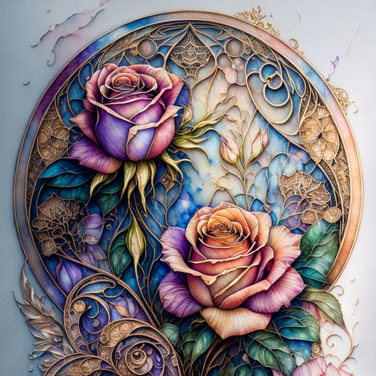 Intricate Artwork: Vibrant Roses in Circular Frame with Gold Accents