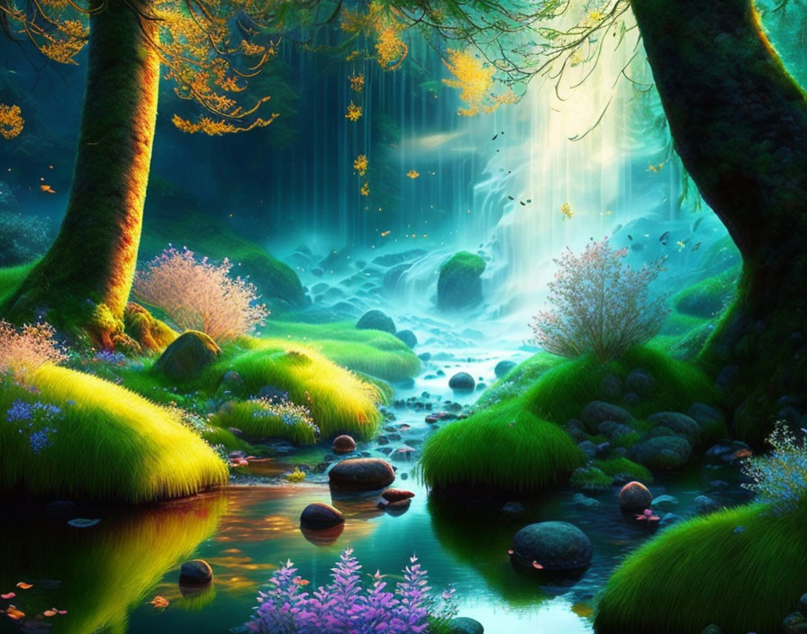 Enchanting forest scene with stream, sunlight, and mystical lights