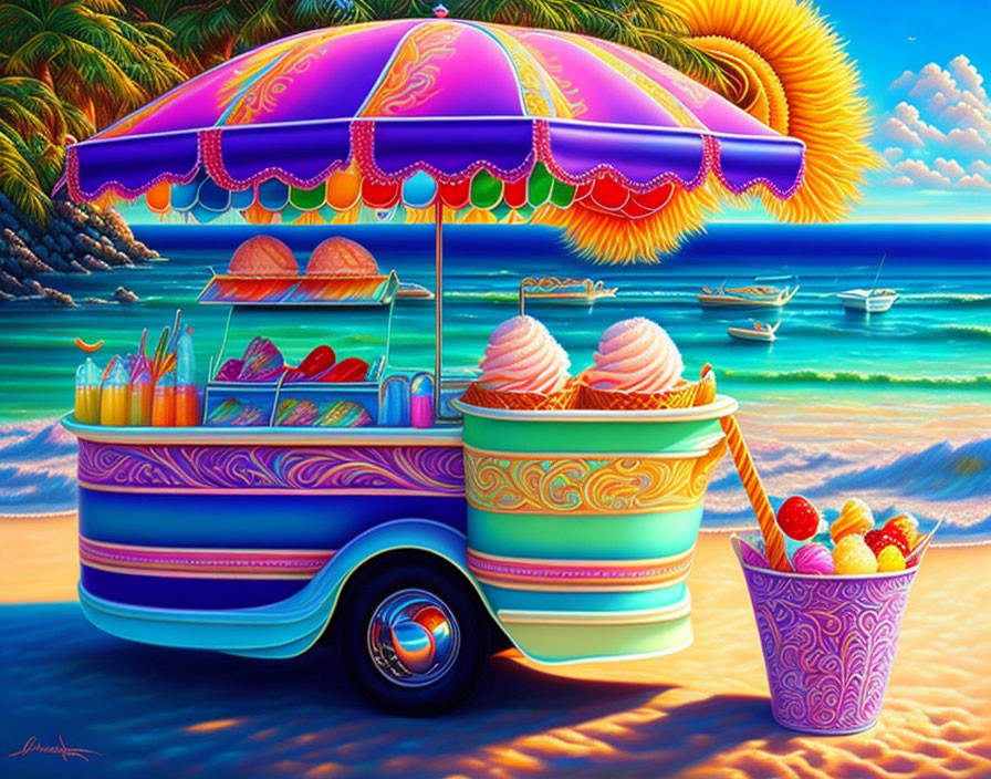 Vibrant beach scene with colorful ice cream cart, umbrella, boats, and sunset sky