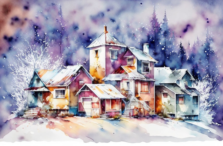 Vibrant Watercolor Painting: Snow-covered Village, Pine Trees, Winter Sky