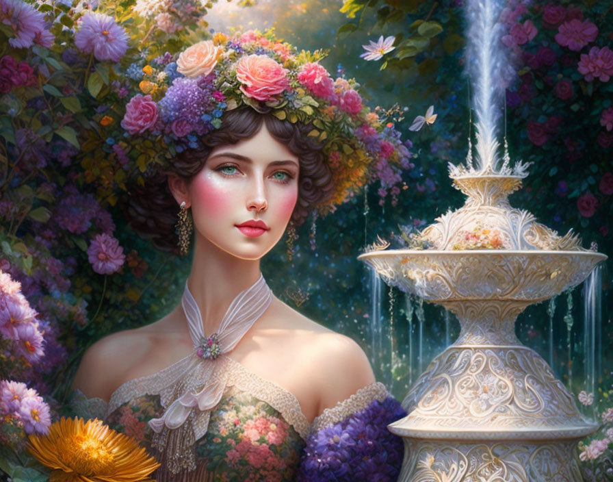 Woman with floral wreath by fountain in serene setting