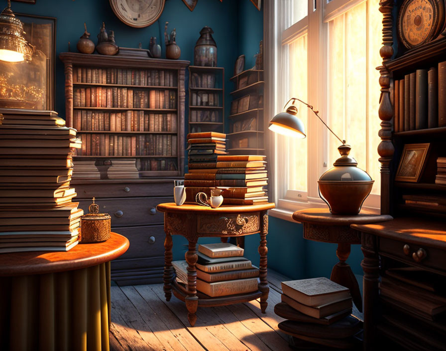 Sunlit Study Room with Books, Wooden Desk, Bookshelves & Lamp