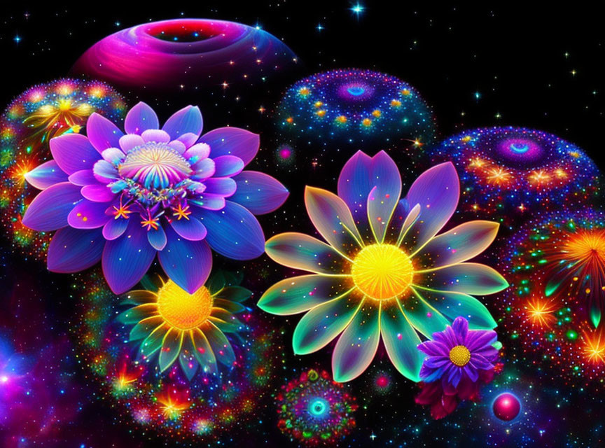 Colorful Neon-Lit Flowers in Cosmic Setting