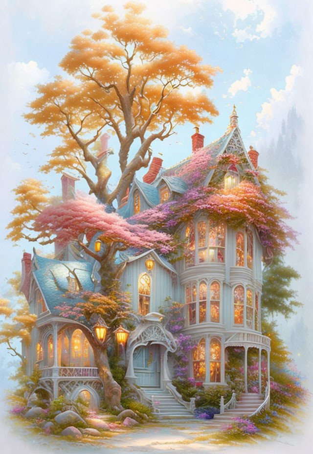 Victorian-style house with pink vines and orange-leaved tree in foggy forest