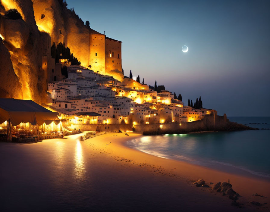 Coastal night scene: illuminated buildings, cliffside, beach, moonlit sky