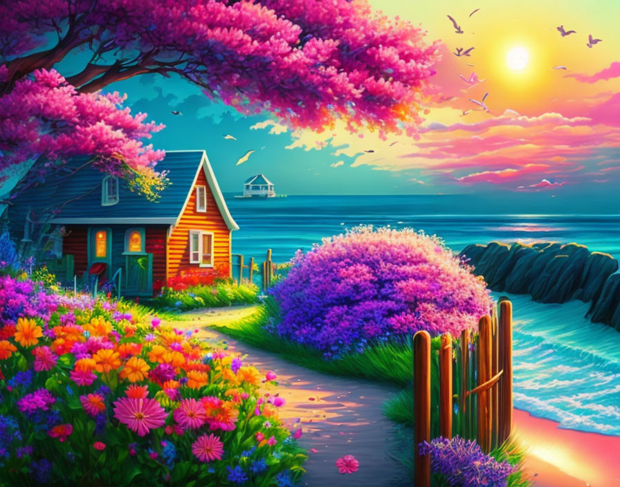 Colorful seaside landscape painting with red cottage, flowers, fence, and sunset sky