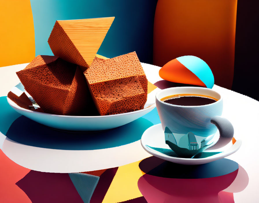 Vibrant still life with abstract shapes, coffee cup, and artistic shadows