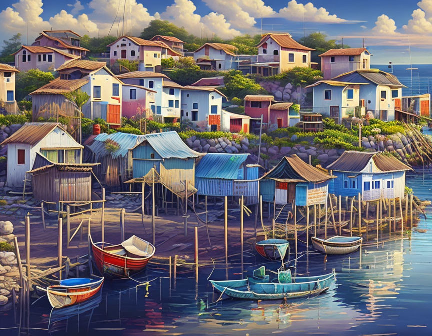 Vibrant stilt houses by the water with boats, hillside village, and blue sky