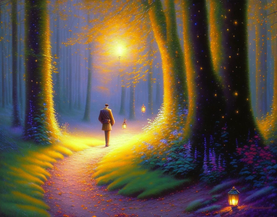 Person with lantern in enchanted forest with golden light and sparkles