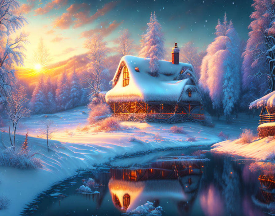 Snow-covered Cottage by Tranquil River at Sunset in Winter