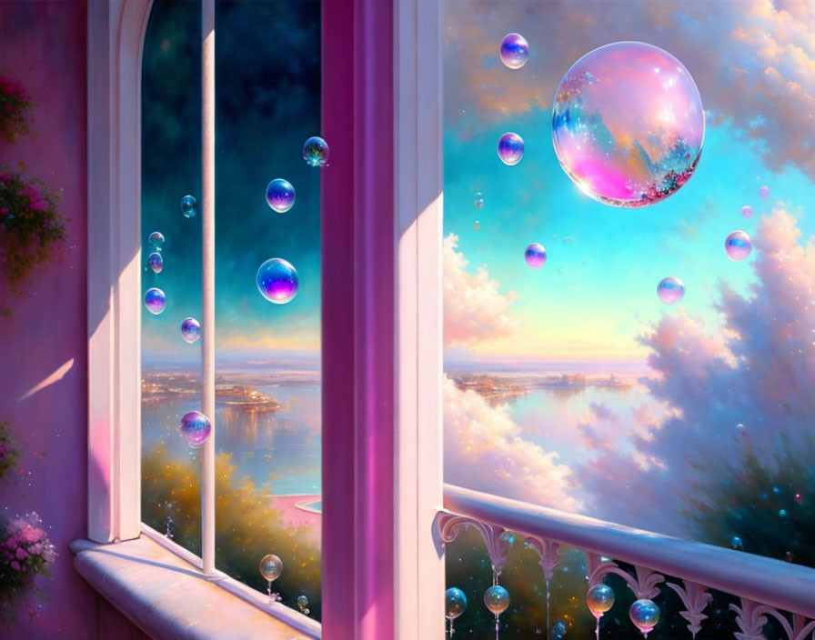 Colorful bubbles drift by an open window overlooking a serene lake at sunset