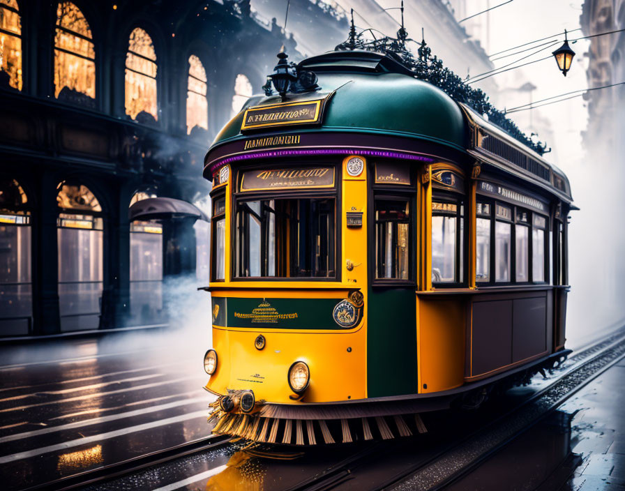 Vintage green and yellow tram on misty city tracks with elegant buildings.