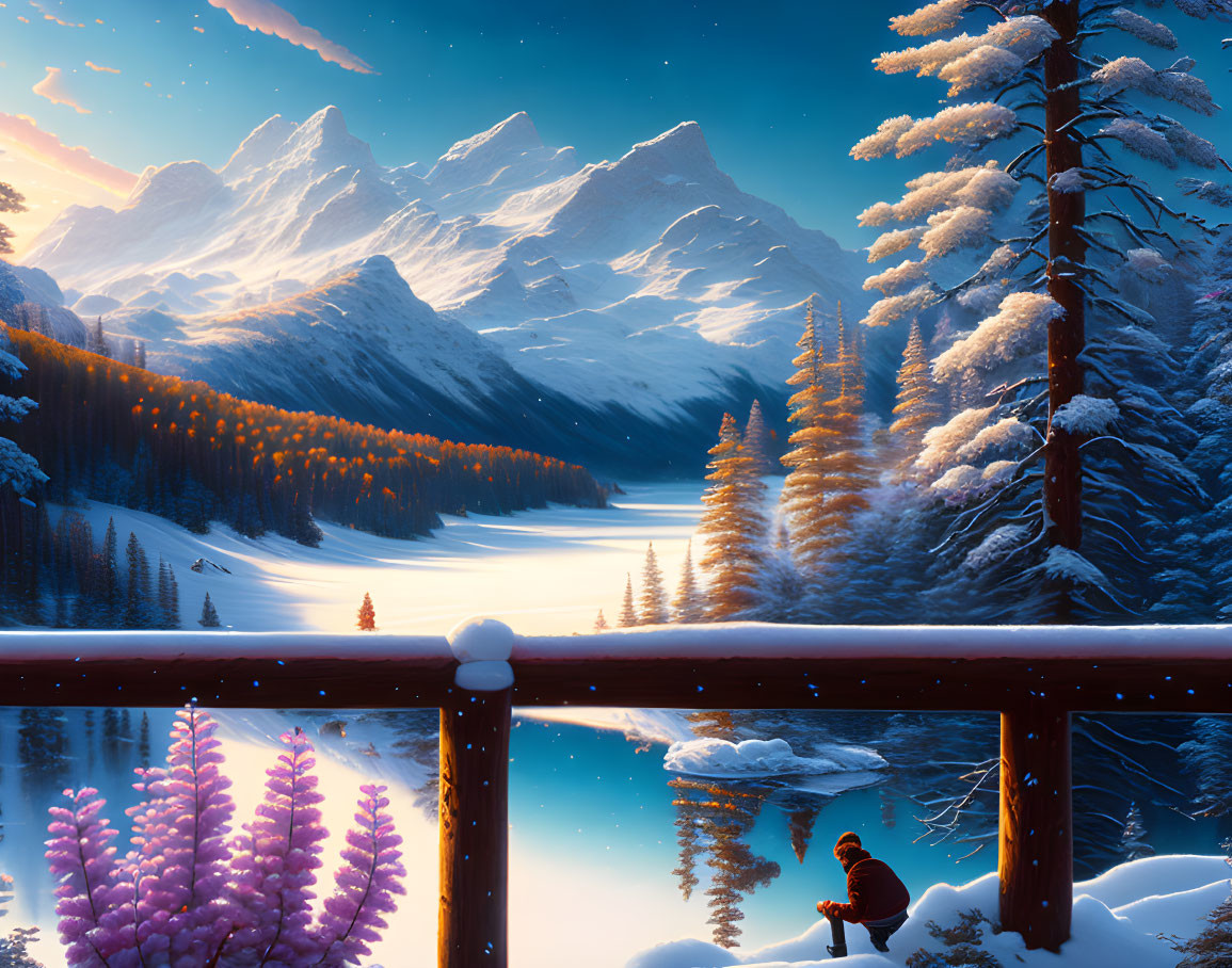 Tranquil winter dusk scene with person on bridge overlooking snowy valley