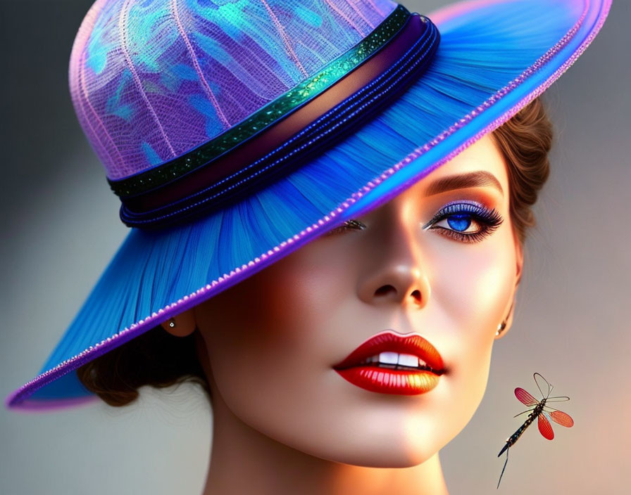 Vibrant digital portrait of woman with colorful makeup and hat, dragonfly nearby