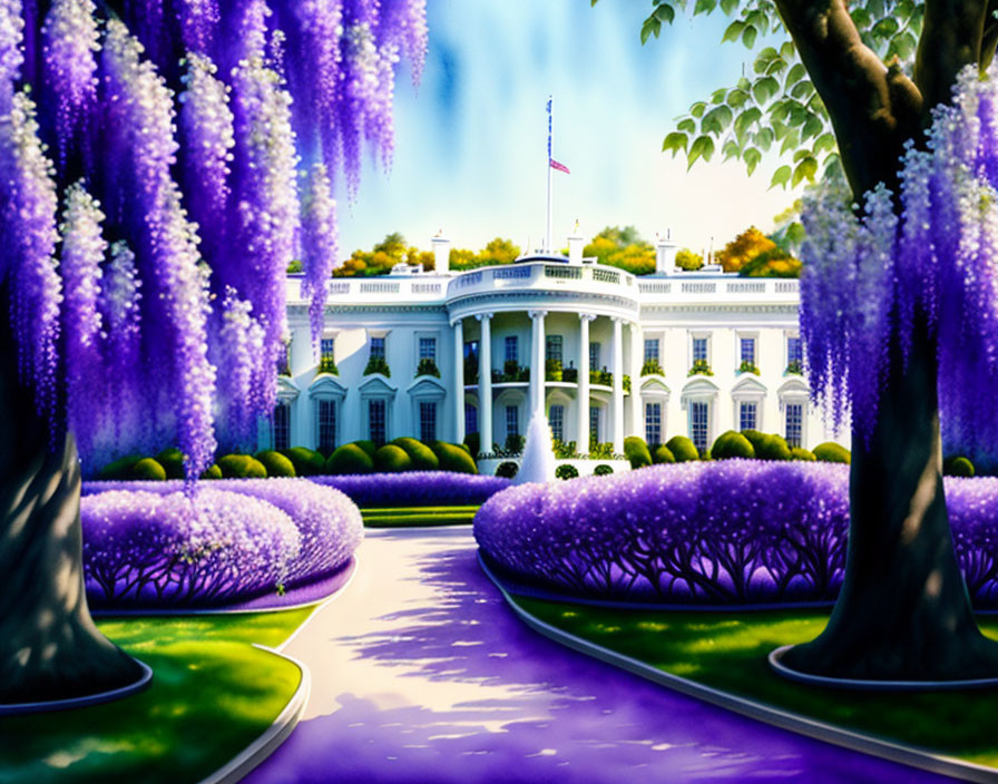 Colorful White House illustration with purple wisteria and flowering trees