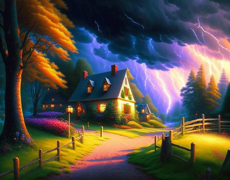 Cozy cottage nestled among vibrant trees in thunderstorm scene