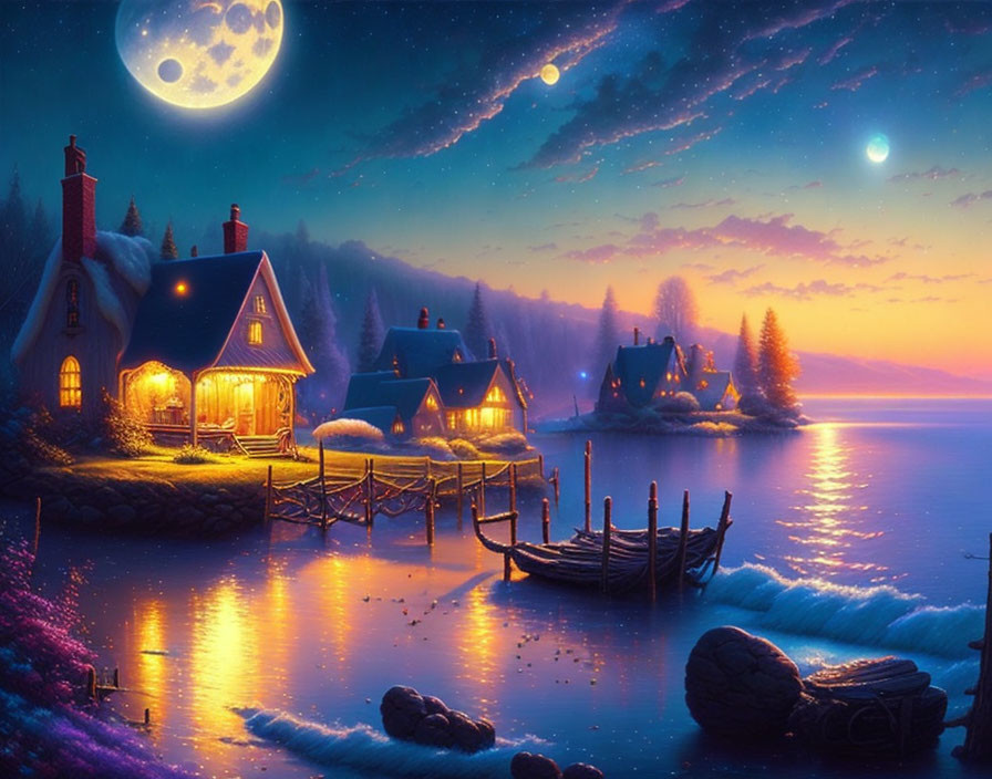 Tranquil fantasy nightscape with illuminated cottages by a lake