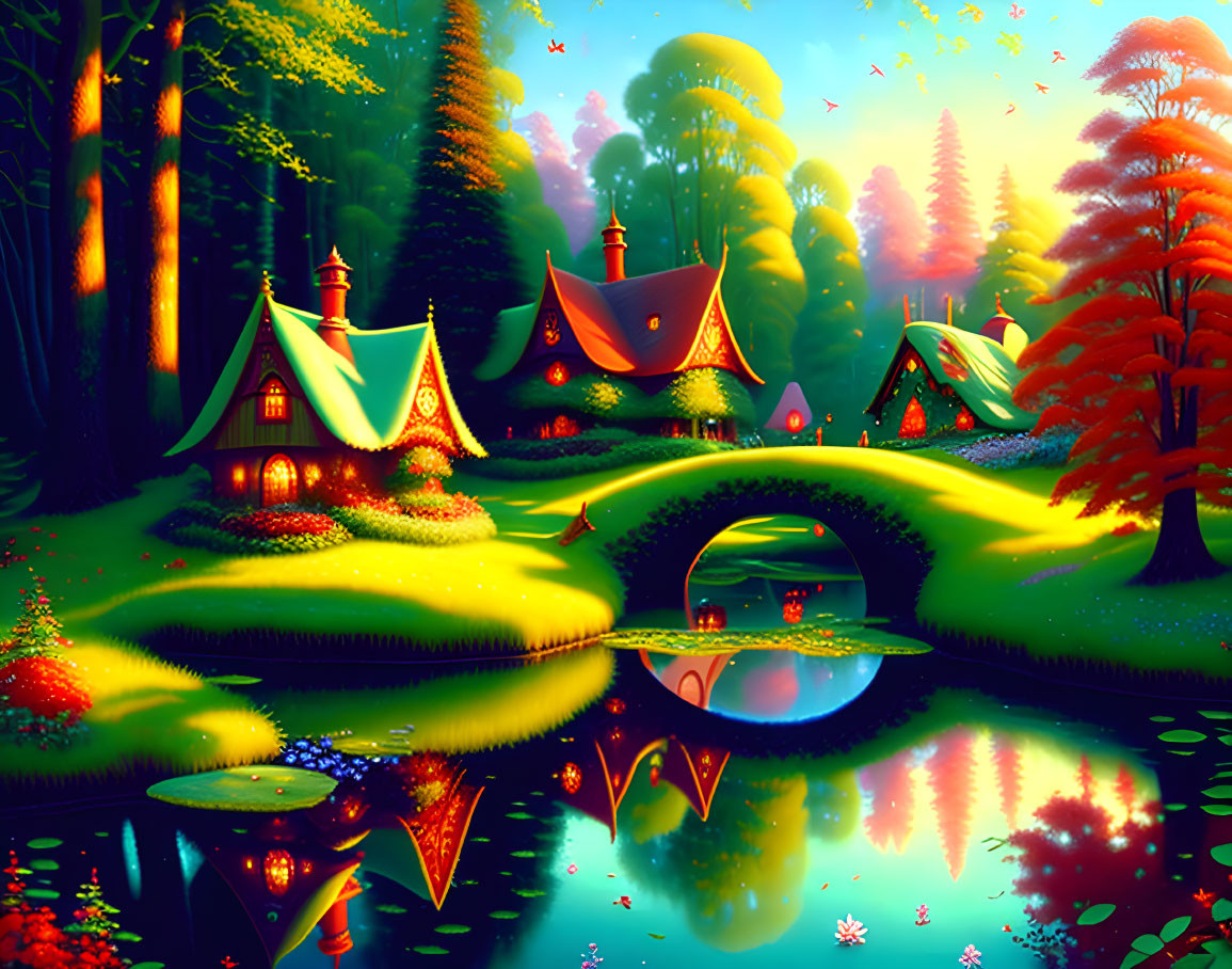 Vibrant fairy-tale landscape with cottages, trees, pond, and butterflies