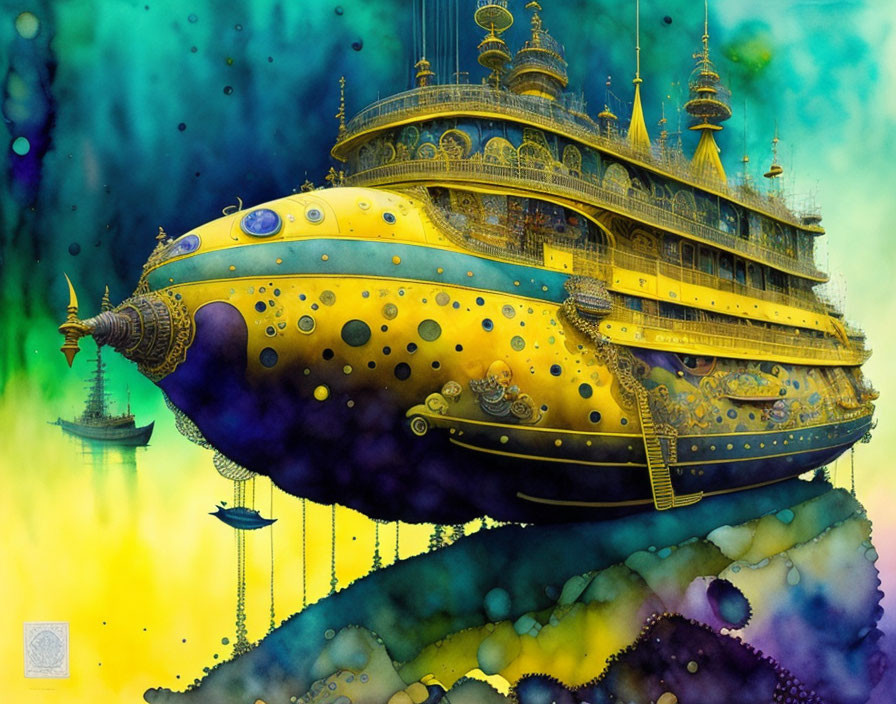 Fantastical blue and yellow steampunk airship over dreamlike seascape