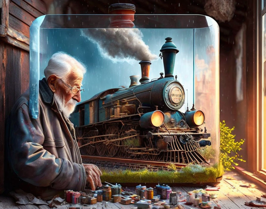 Elderly man painting model train in glass case in rustic attic