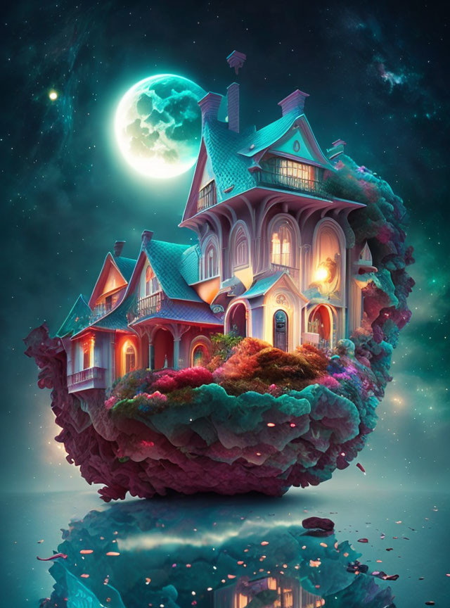 Victorian style house on floating island under night sky with large moon